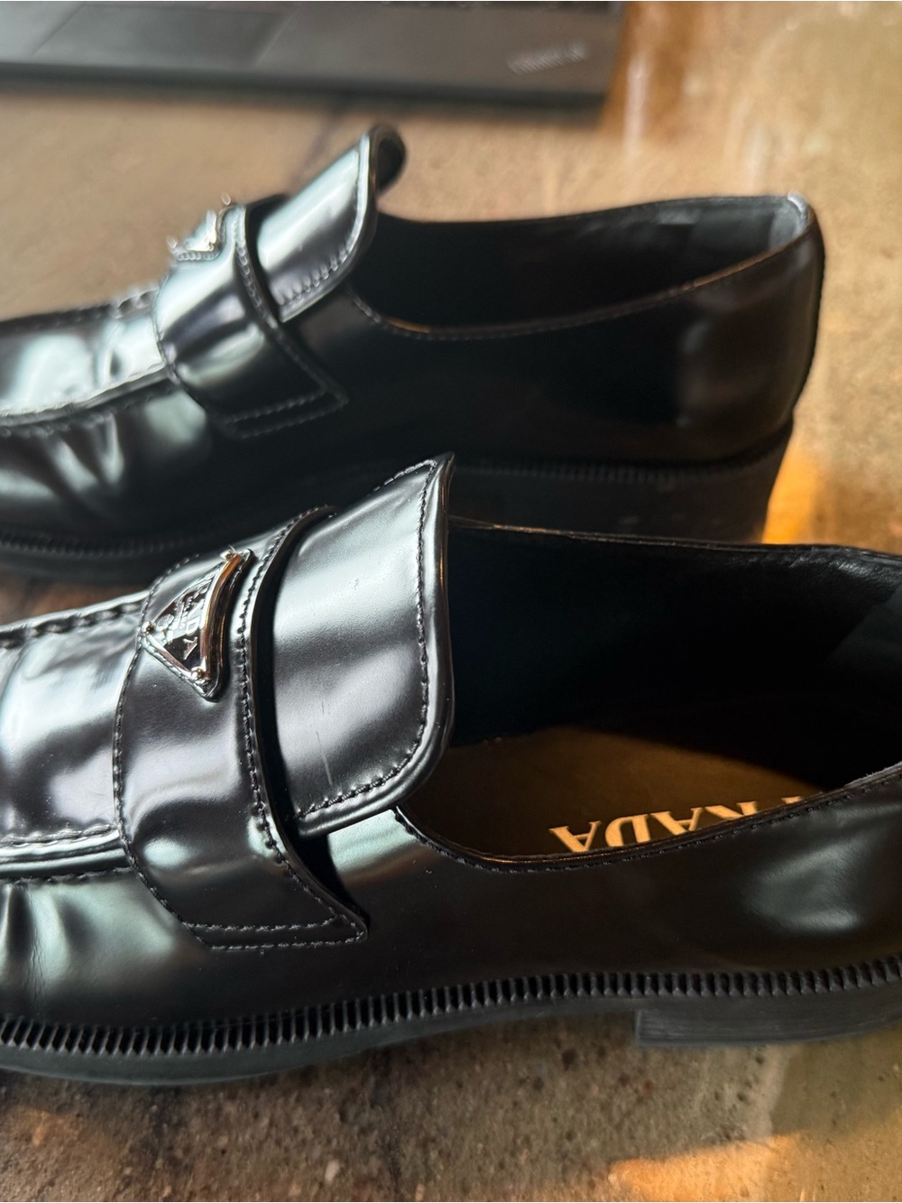 Prada Black Patent Leather Penny Loafers with Logo Plaque - Picture 5 of 5